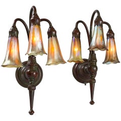 Antique Pair of Tiffany Studios New York "Three-Arm" Sconces