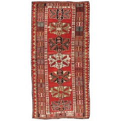 Antique Kazak Runner with Medallions and Tribal Design in Red Background 