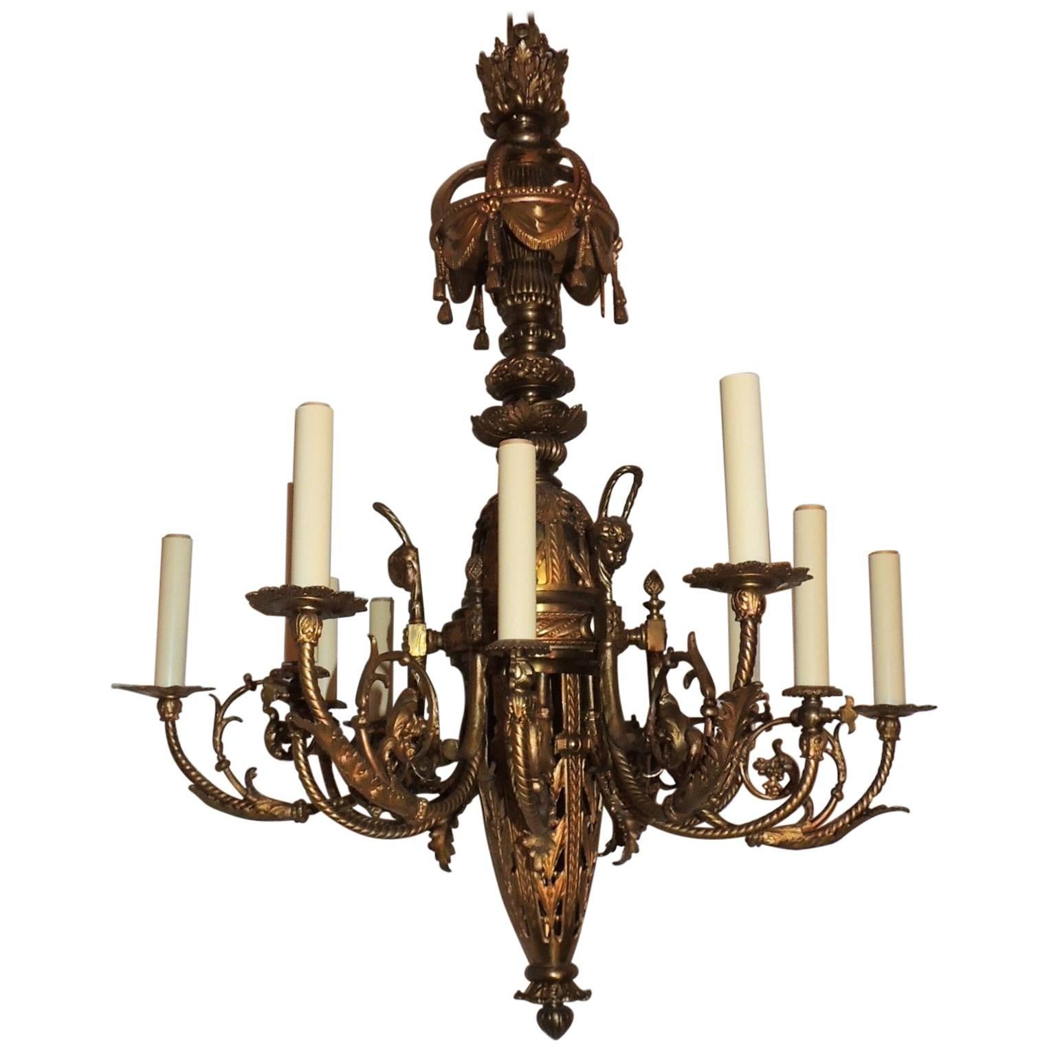 French Empire Neoclassical Doré Bronze Twelve-Light Tassel Chandelier Fixture For Sale