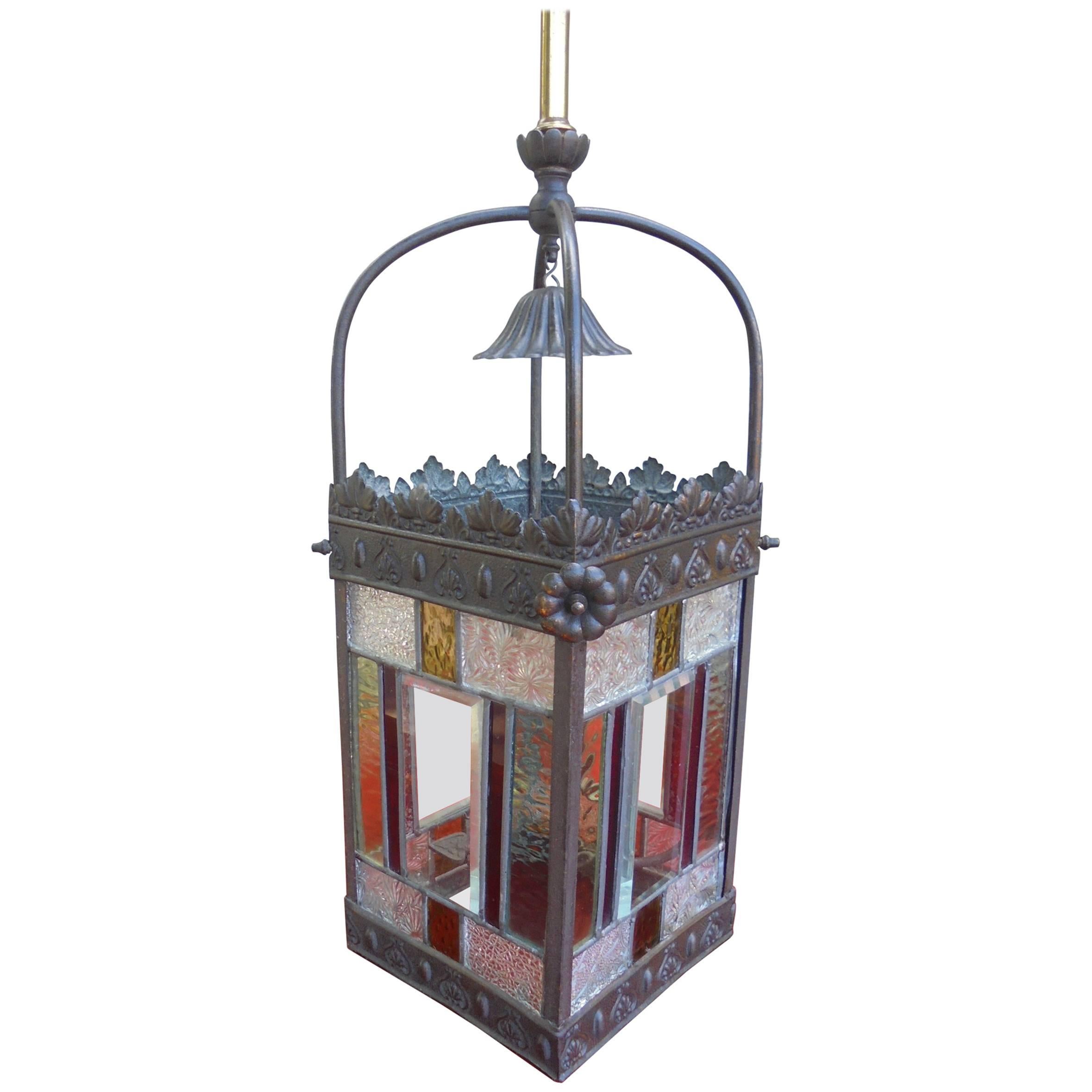 Antique Brass and Colored Glass Hanging Lantern For Sale