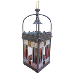 Antique Brass and Colored Glass Hanging Lantern
