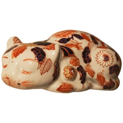 Japanese Antique Red Enameled Porcelain Crouching Cat Sculpture, 1920