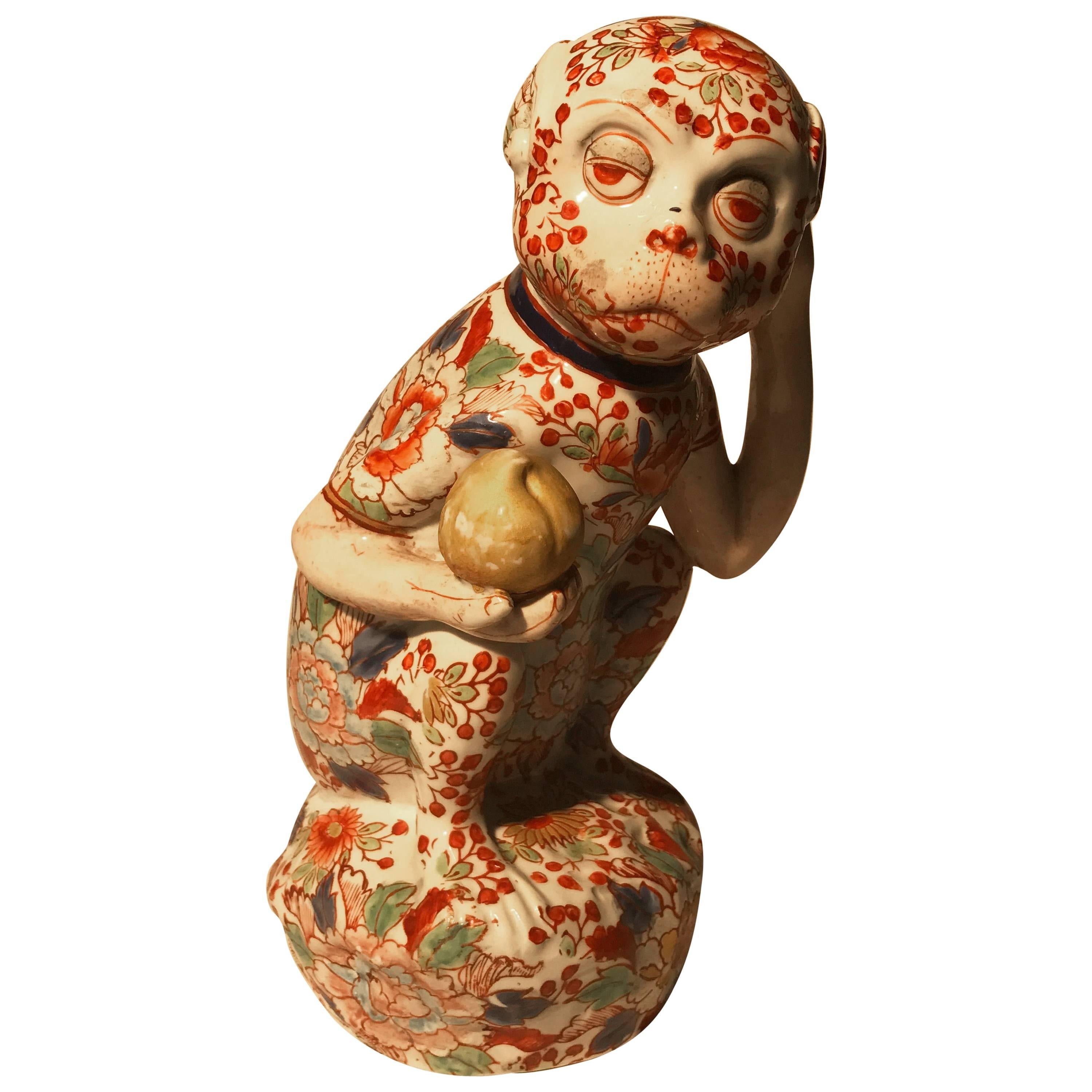 Japanese Big Red Enameled Porcelain Monkey Sculpture Okimono Signed