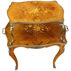Mesa de postre o de té de dos pisos estilo Luis XV de madera de Kingwood con incrustaciones de marquetería francesa