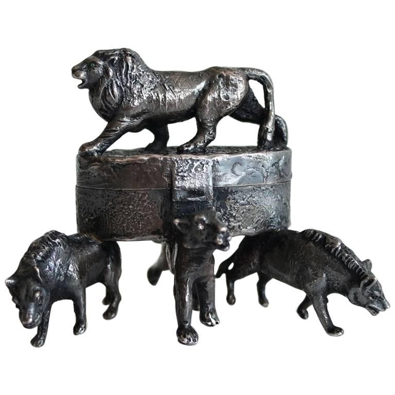 Silver Artist Made Box with Lions and Tigers For Sale