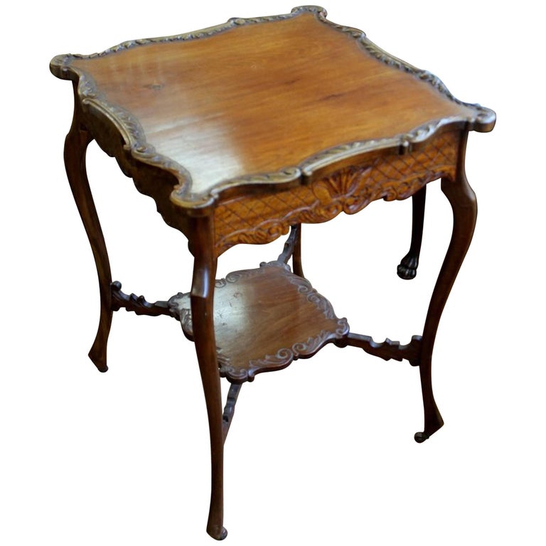 Antique English HandCarved Walnut Square Occasional Table For Sale at