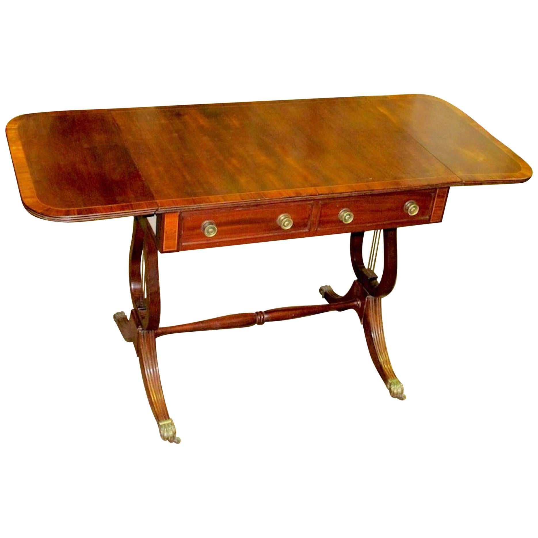 Antique English George IV Inlaid Mahogany Regency Style Drop-Leaf Sofa Table For Sale