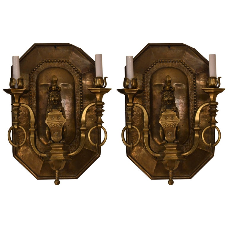 Pair of Antique Decorative Brass Wall Lights For Sale at 1stdibs