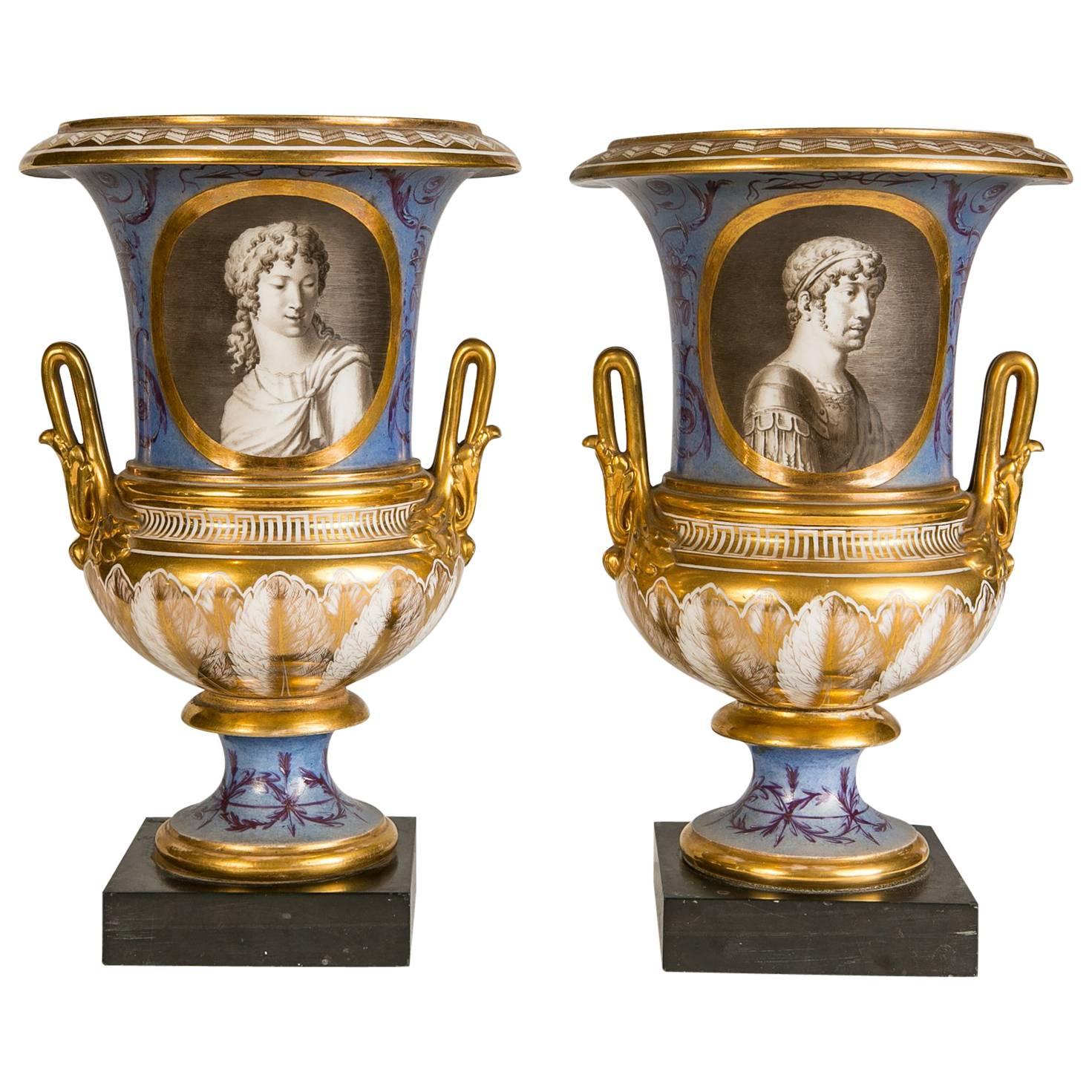Pair of Neoclassical Portrait Vases Made in France circa 1820