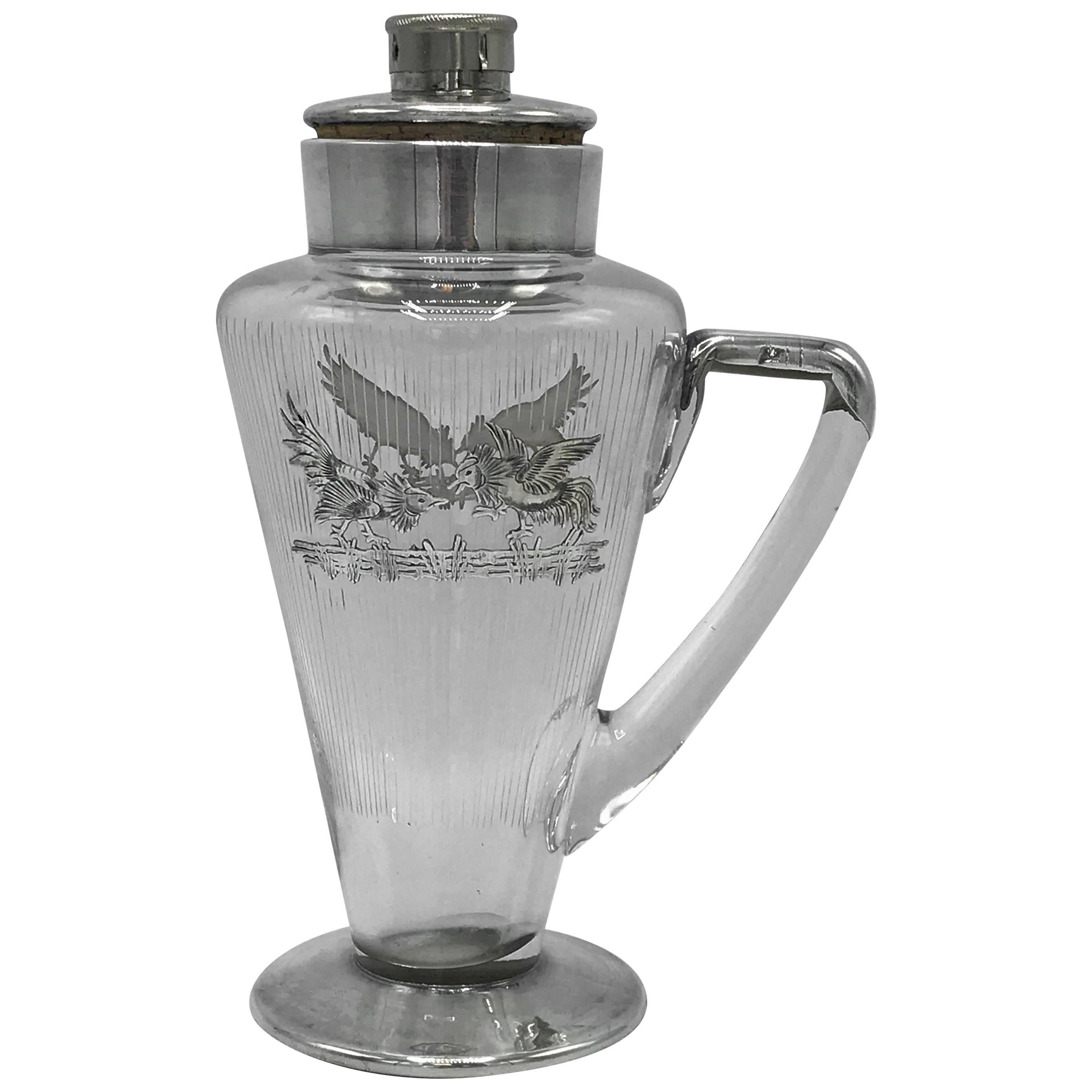 1930s Glass and Sterling Silver Decanter Carafe with Rooster Motif
