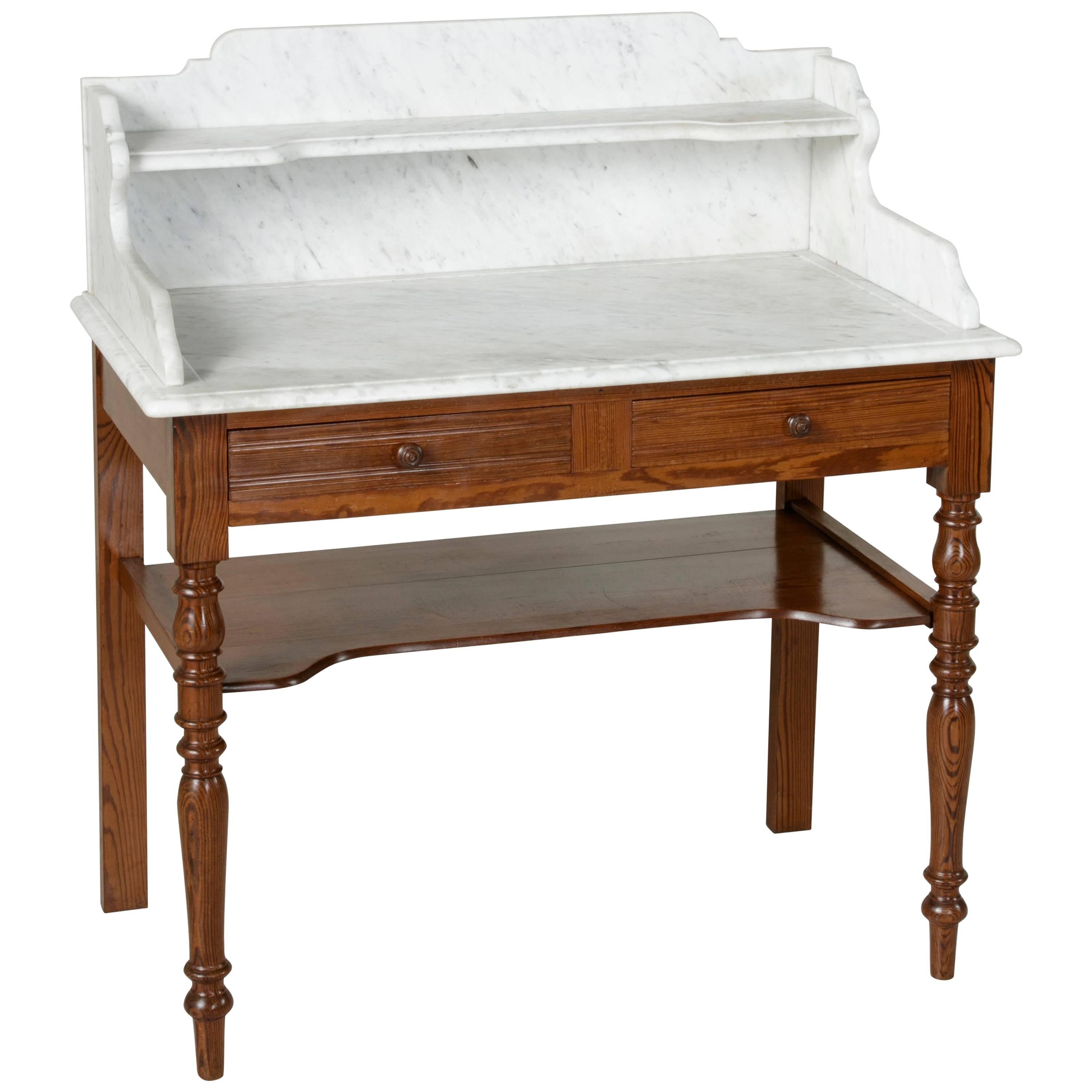 French Pitch Pine Vanity Table Work Table with Carrara Marble Top, circa 1900