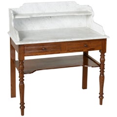 Antique French Pitch Pine Vanity Table Work Table with Carrara Marble Top, circa 1900