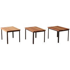 Vintage Set of Three Iron and Teak Side Tables