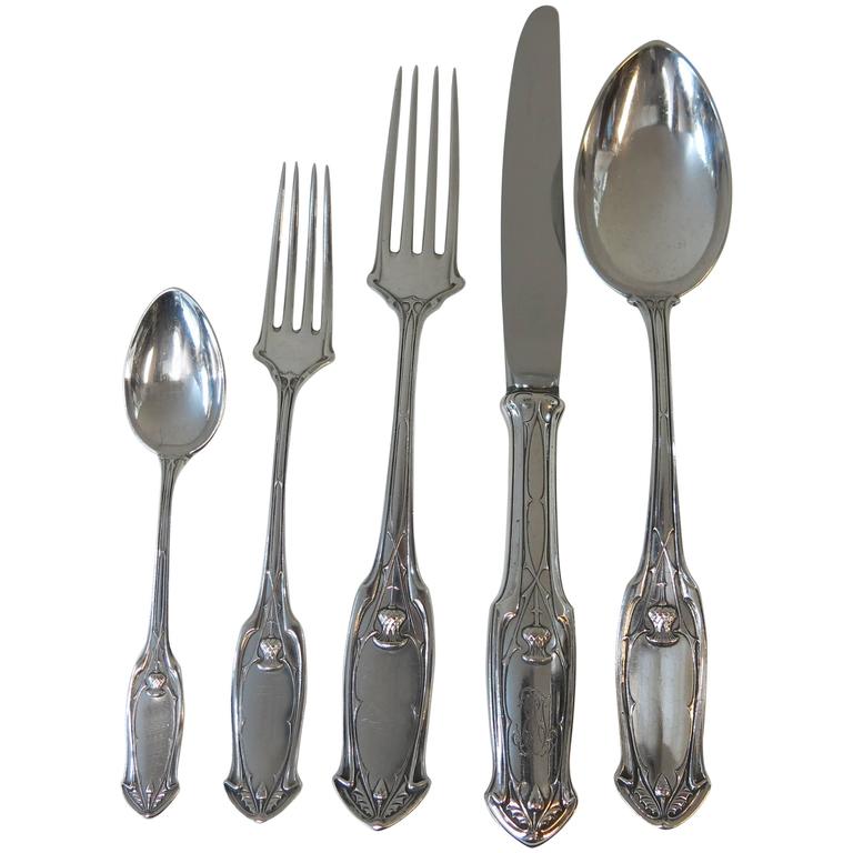 Unusual Antique German Silver Flatware Set, Thistle Design For Sale at