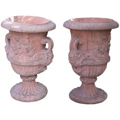 Pair of Large French Terra Cotta Colored Cast Stone Urns