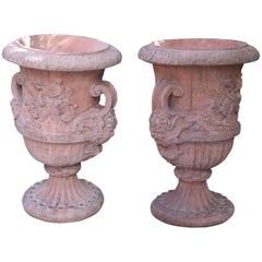 Pair of Large French Terra Cotta Colored Cast Stone Urns 6