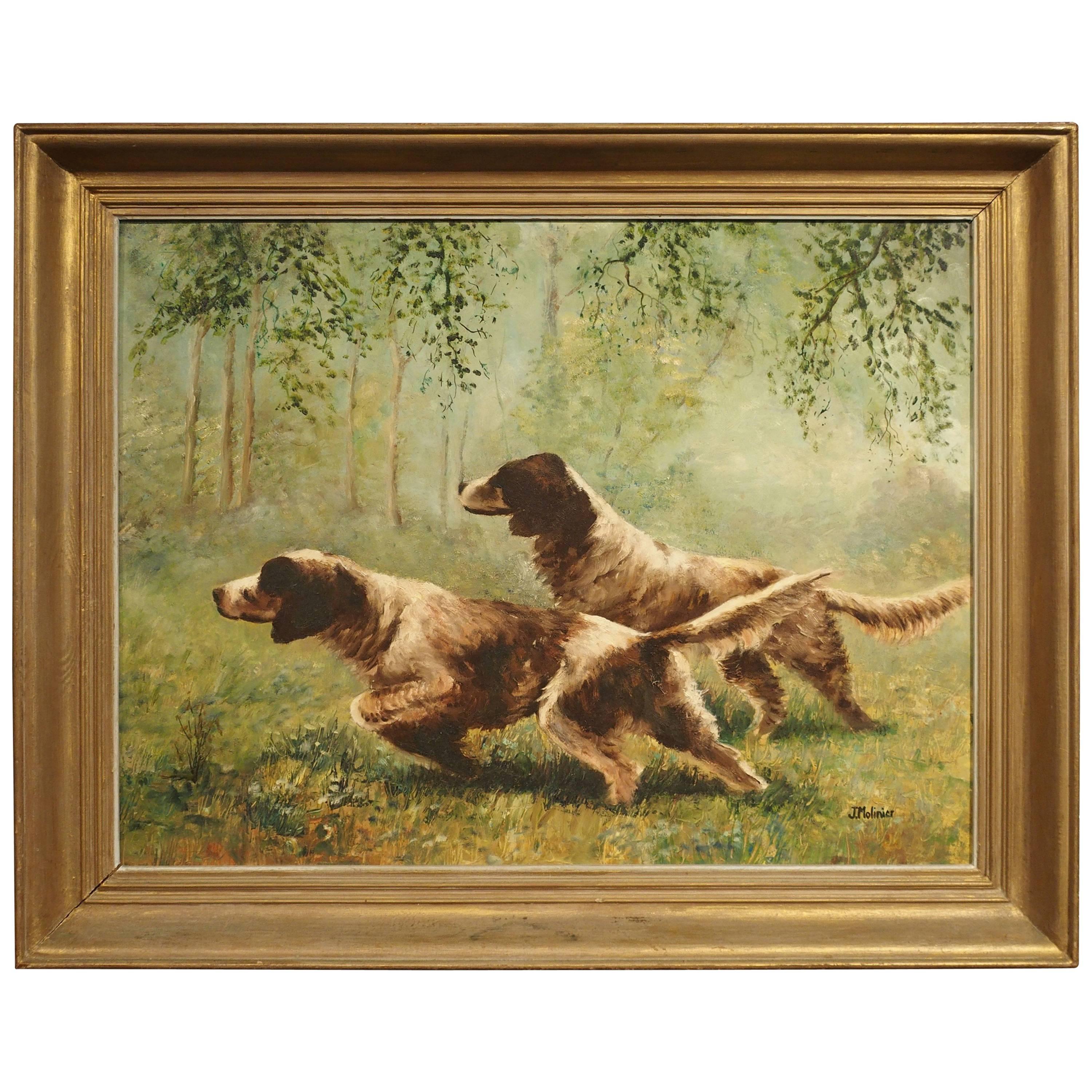French Oil Painting by Jean Molinier, Hunting Dogs, 1900s