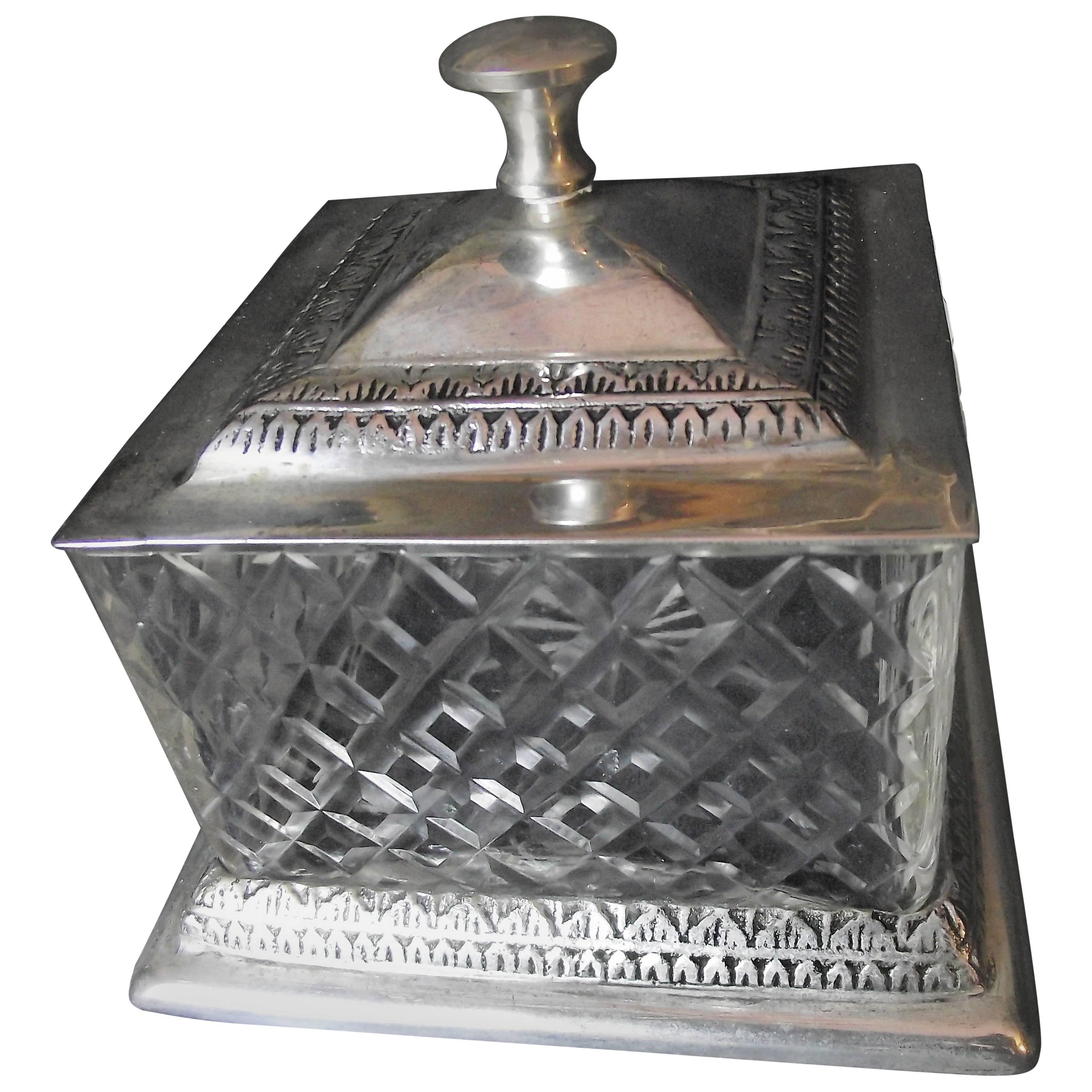 Silver and Glass Box, Vanity Box, Pressed Glass and Silver Box For Sale