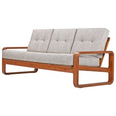 Solid Teak Danish Modern Sofa in Silvery Gray Fabric, circa 1980s