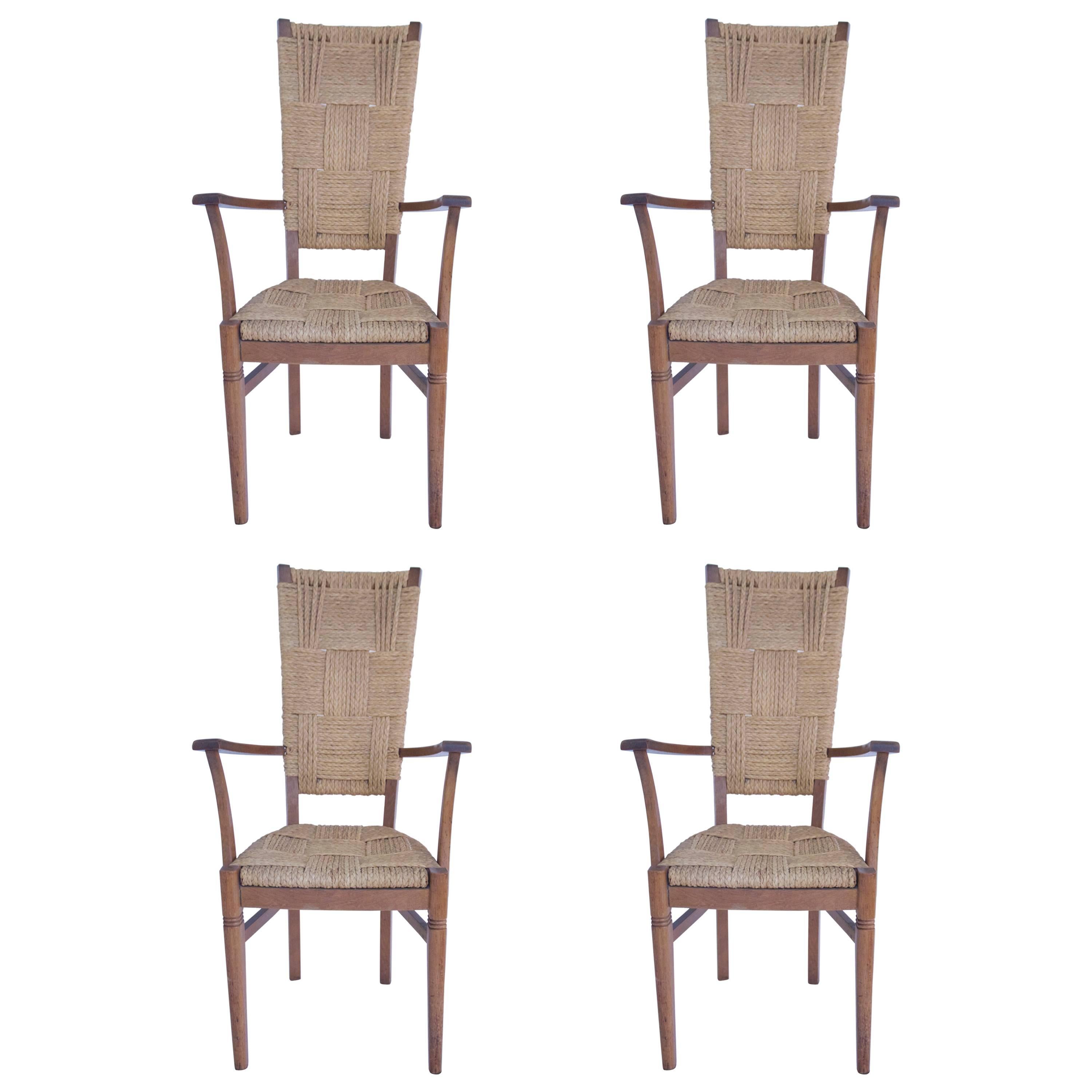 Audoux-Minet, Suite of Four Armchairs, Rattan and Wood, circa 1970, France