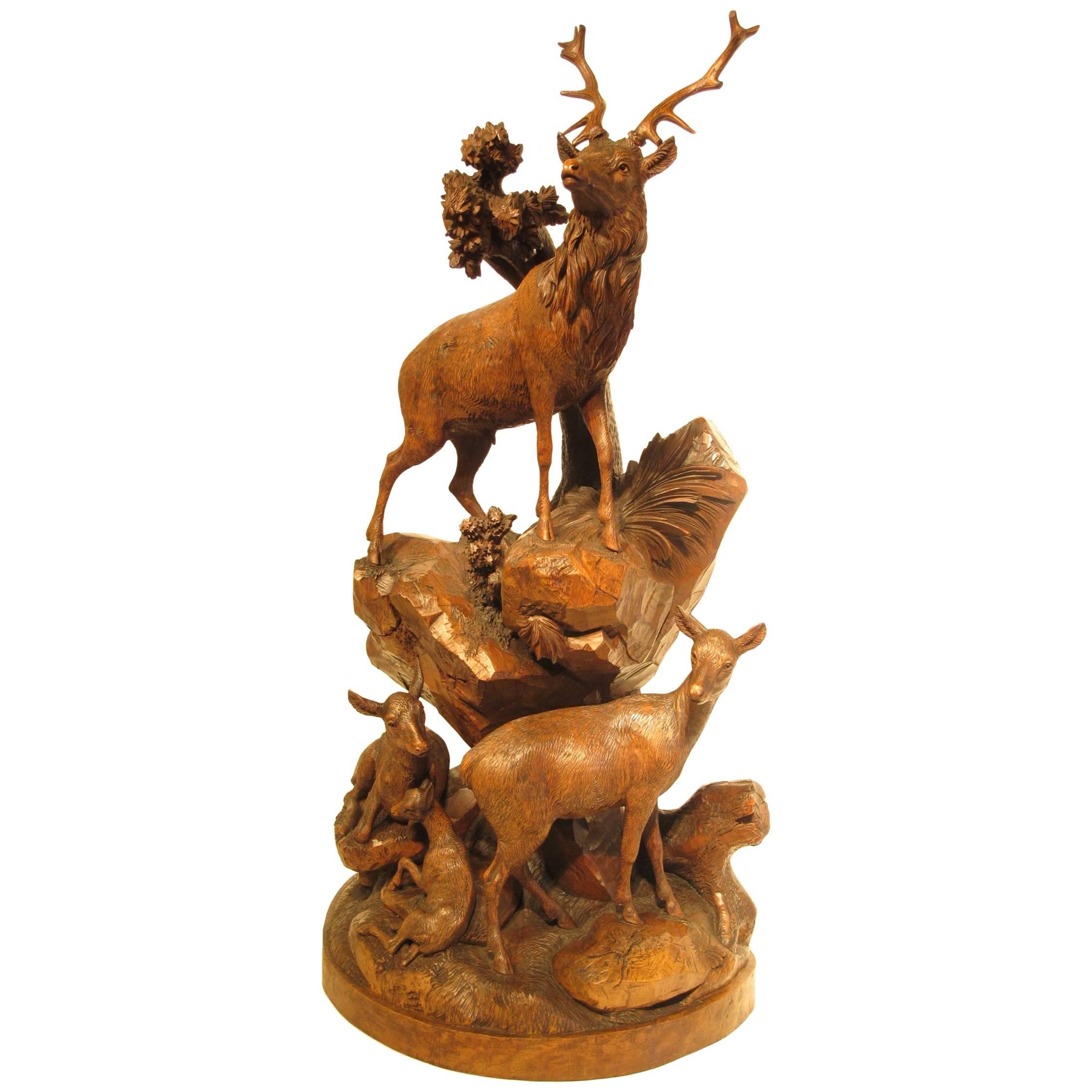 Large 19th Century Black Forest Carved Group of Deer by Emile Egger