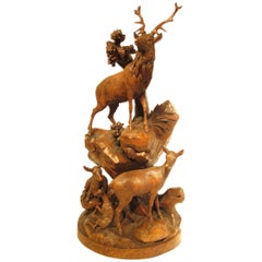 Large 19th Century Black Forest Carved Group of Deer by Emile Egger