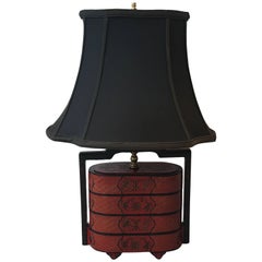 1940s Chinese Red and Black Lacquered Lamp with Shade