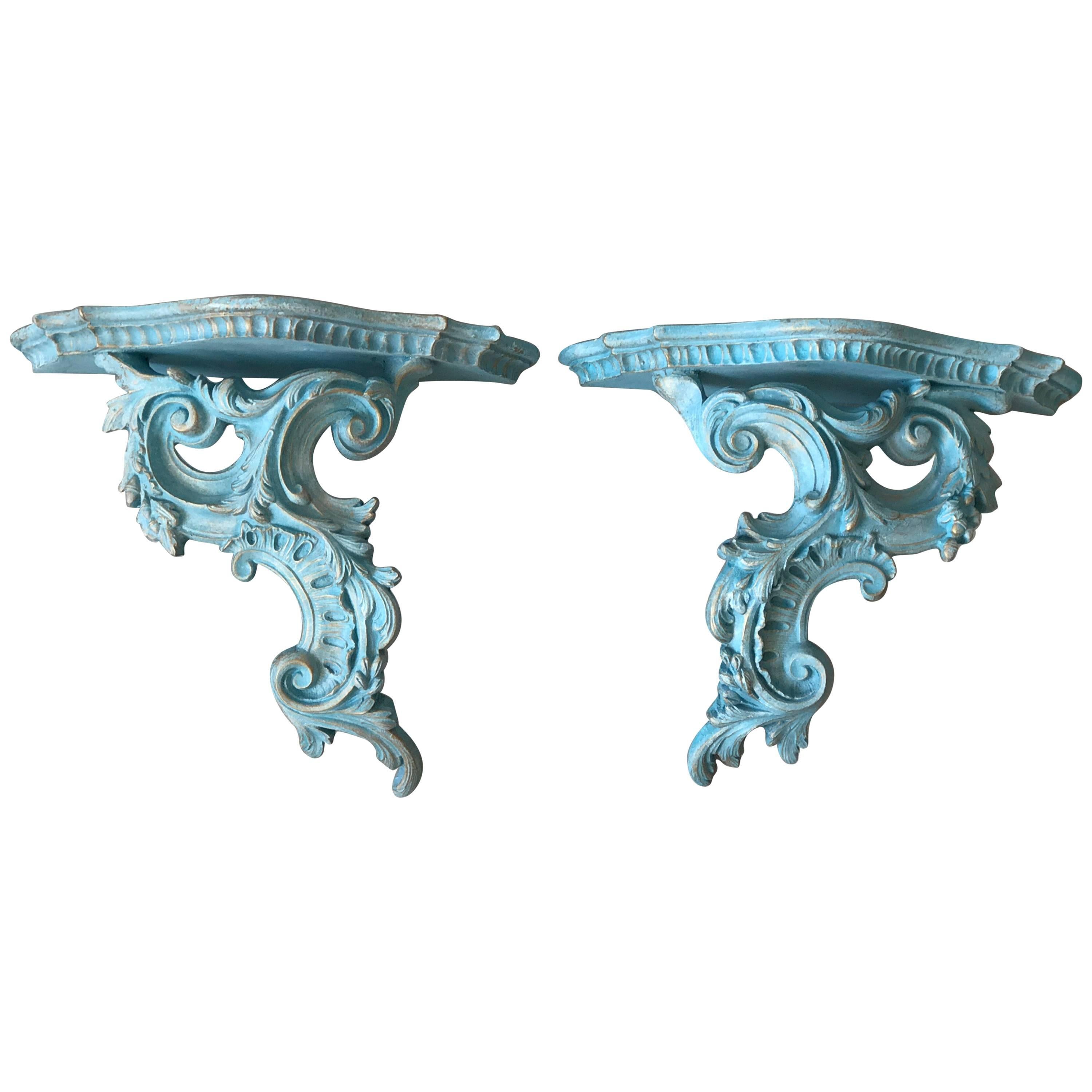 1980s Blue and Gold Rococo Style Wood Wall Shelves, Pair