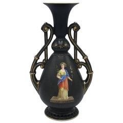 19th Century French Black and Gold Hand-Painted Vase with Handles