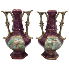 19th Century French Hand-Painted Pink and Gold Vases with Handles, Pair