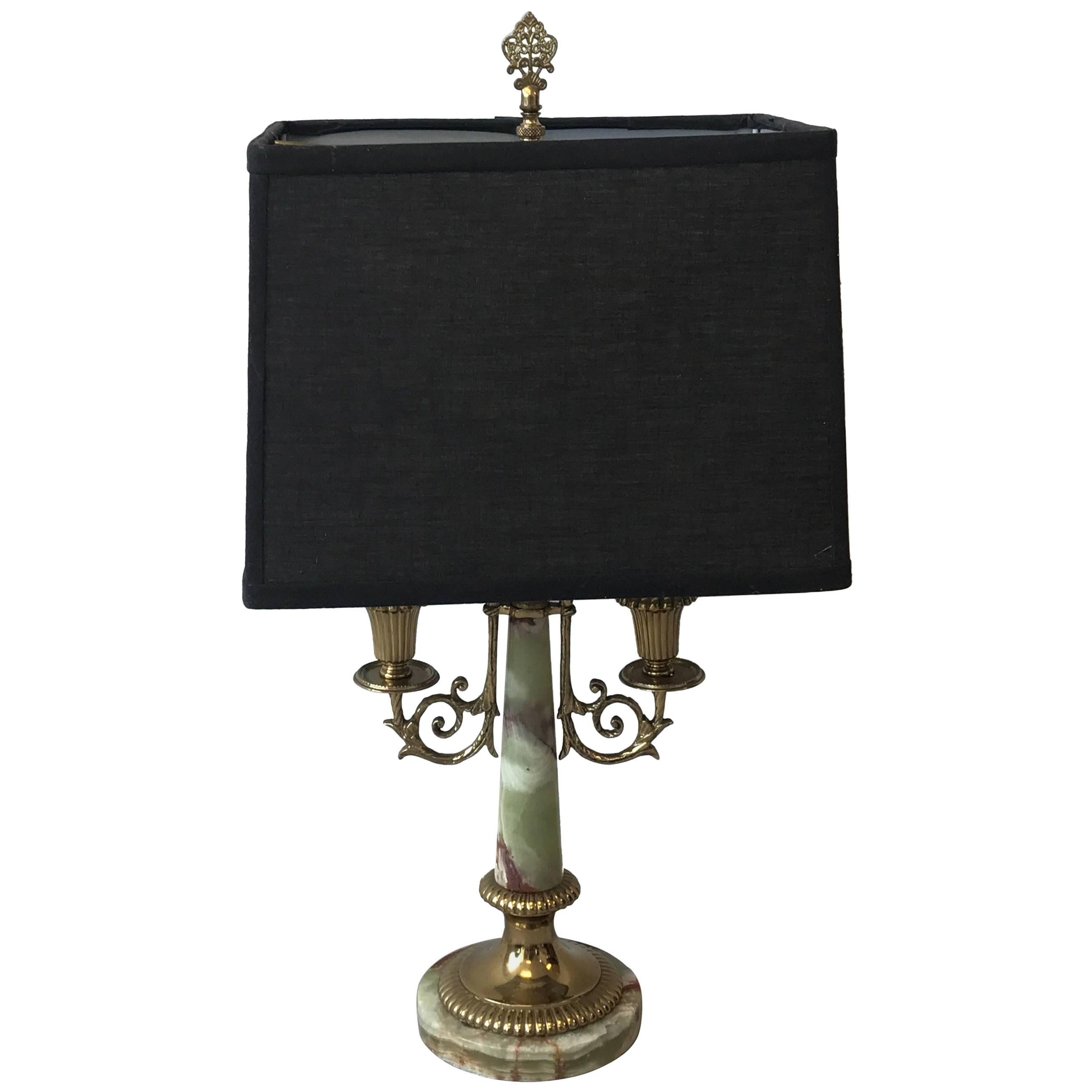 1940s Italian Brass and Onyx Bouillotte Candlestick Lamp with Shade For Sale