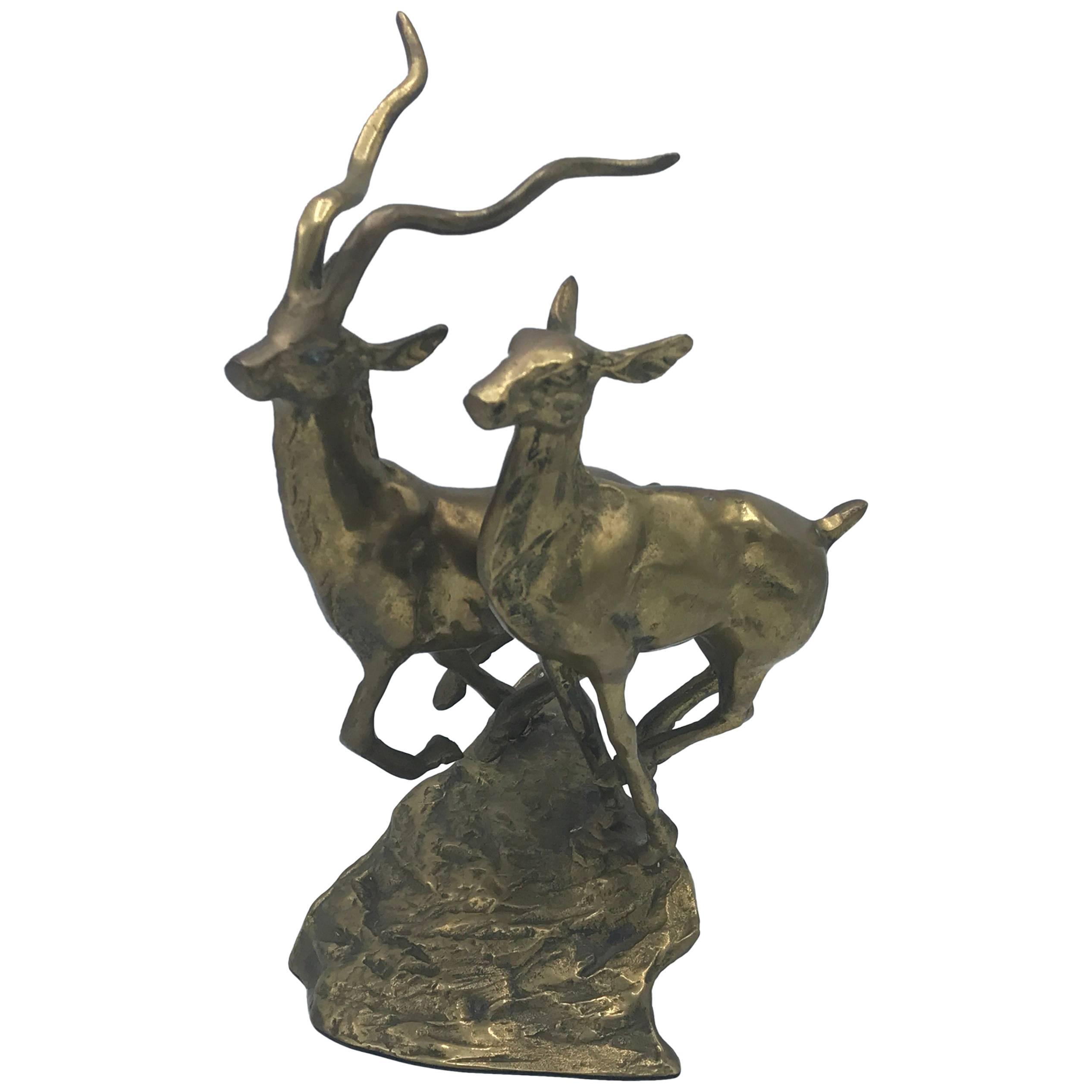 1960s Brass Running Kudu Antelope Male and Female Sculpture