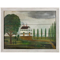 Folk Art Fireboard Depicting a White House in a Landscape