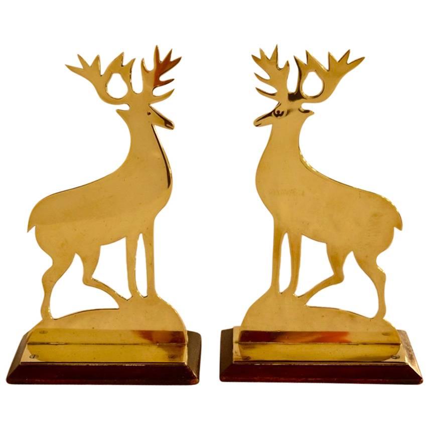 19th Century Pair of Brass Stag Mantle Decorations