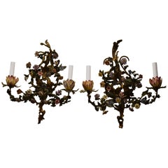Pair of Antique French Bronze Doré Sconces with Dresden Flowers 3