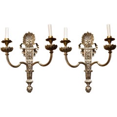 Pair of Antique French Louis XVI Silvered Bronze Sconces, circa 1850