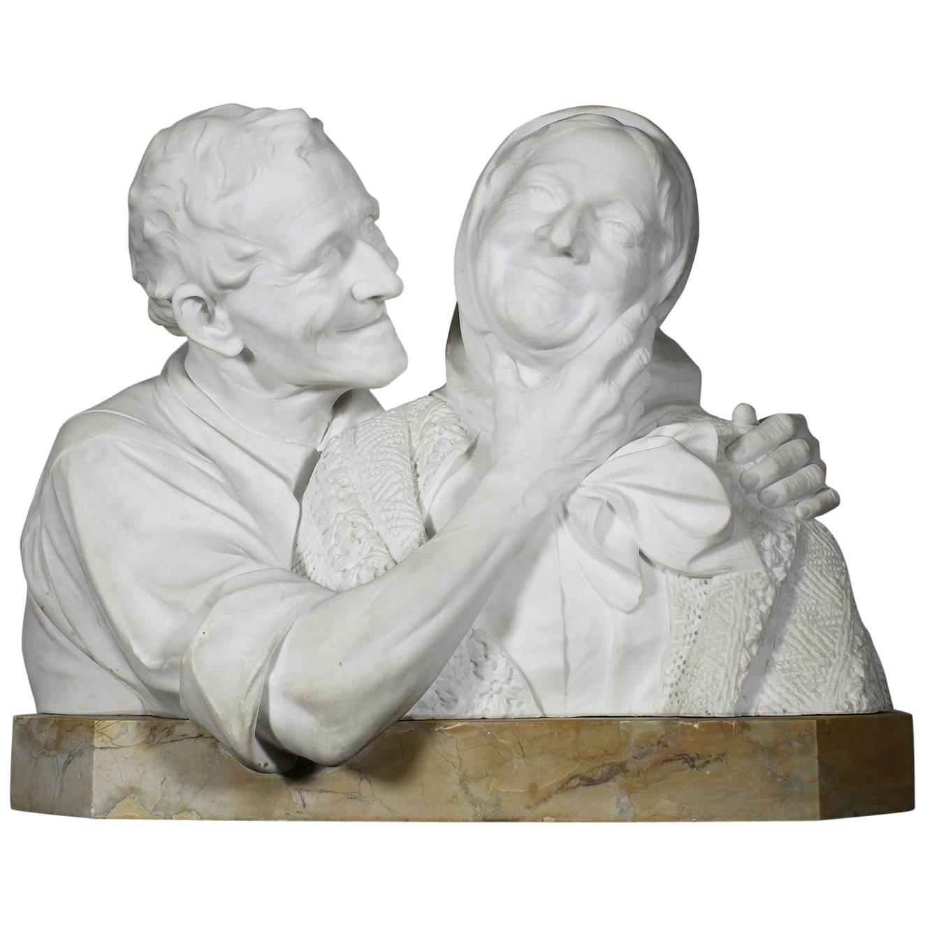 Italian 19th-20th Century Carrara Marble Bust Group of a Romantic Elderly Couple