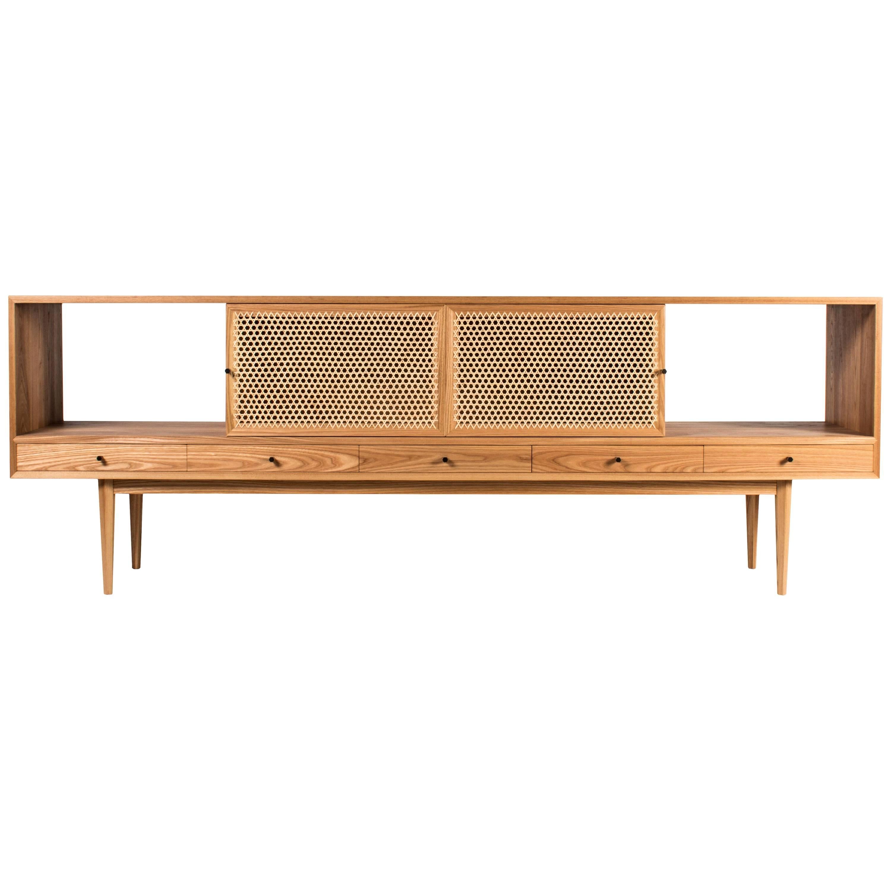 Tinselor Cabinet by Tretiak Works, Elm Credenza with Handcrafted Cane Doors