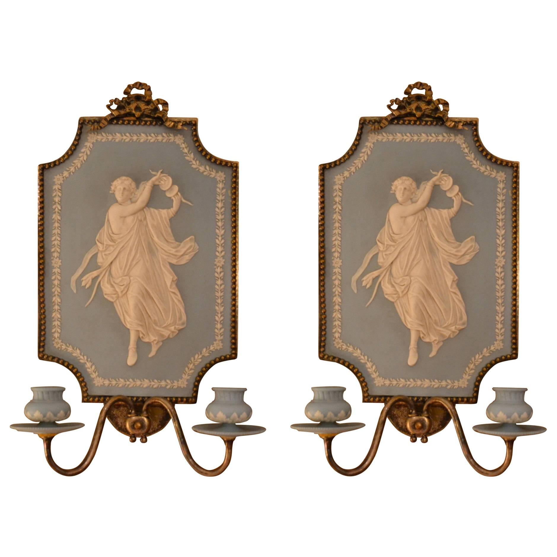 Pair of Antique Jasperware Silver On Bronze Wall Sconces