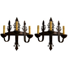 Pair of Antique Wrought Iron Sconces with Three Lights 11