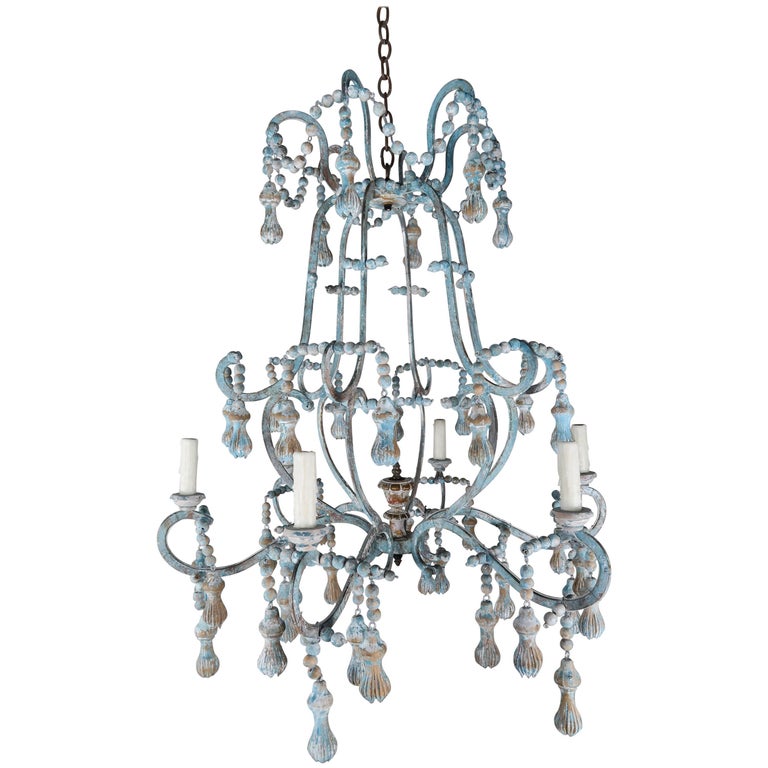 Carved Italian Wood Beaded And Iron Painted Chandelier For At 1stdibs Carved Italian Wood Beaded And Iron, Carved Wood Tassel Chandelier
