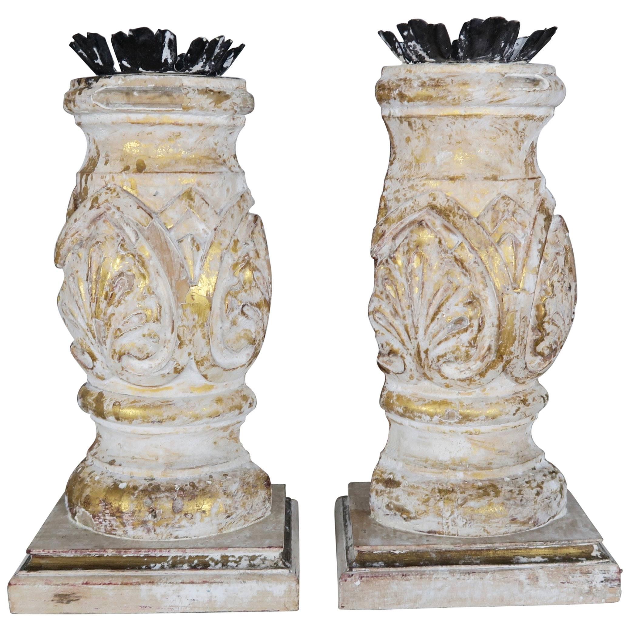 Carved Giltwood and Gesso Candleholders with Iron Candle Cups