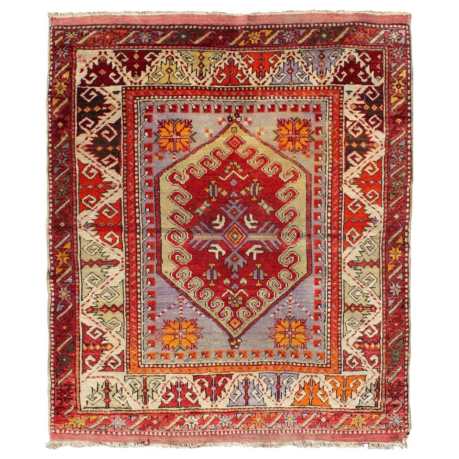 Colorful Early 20th Century Antique Turkish Oushak Rug with Medallion in Purple For Sale