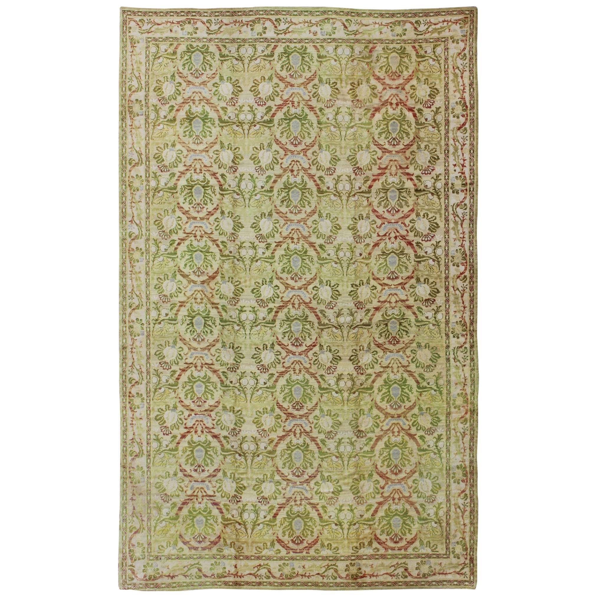 Large Antique Spanish Rug with Circular Medallions in Various Green Tones  For Sale