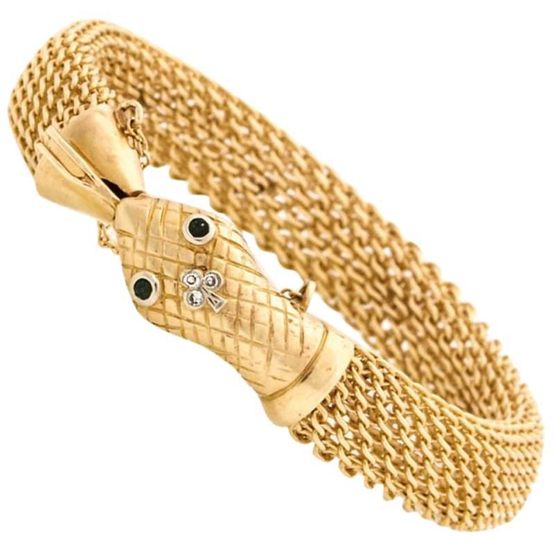 14-Karat Gold Snake Bracelet with Emerald Eyes and Diamonds For Sale