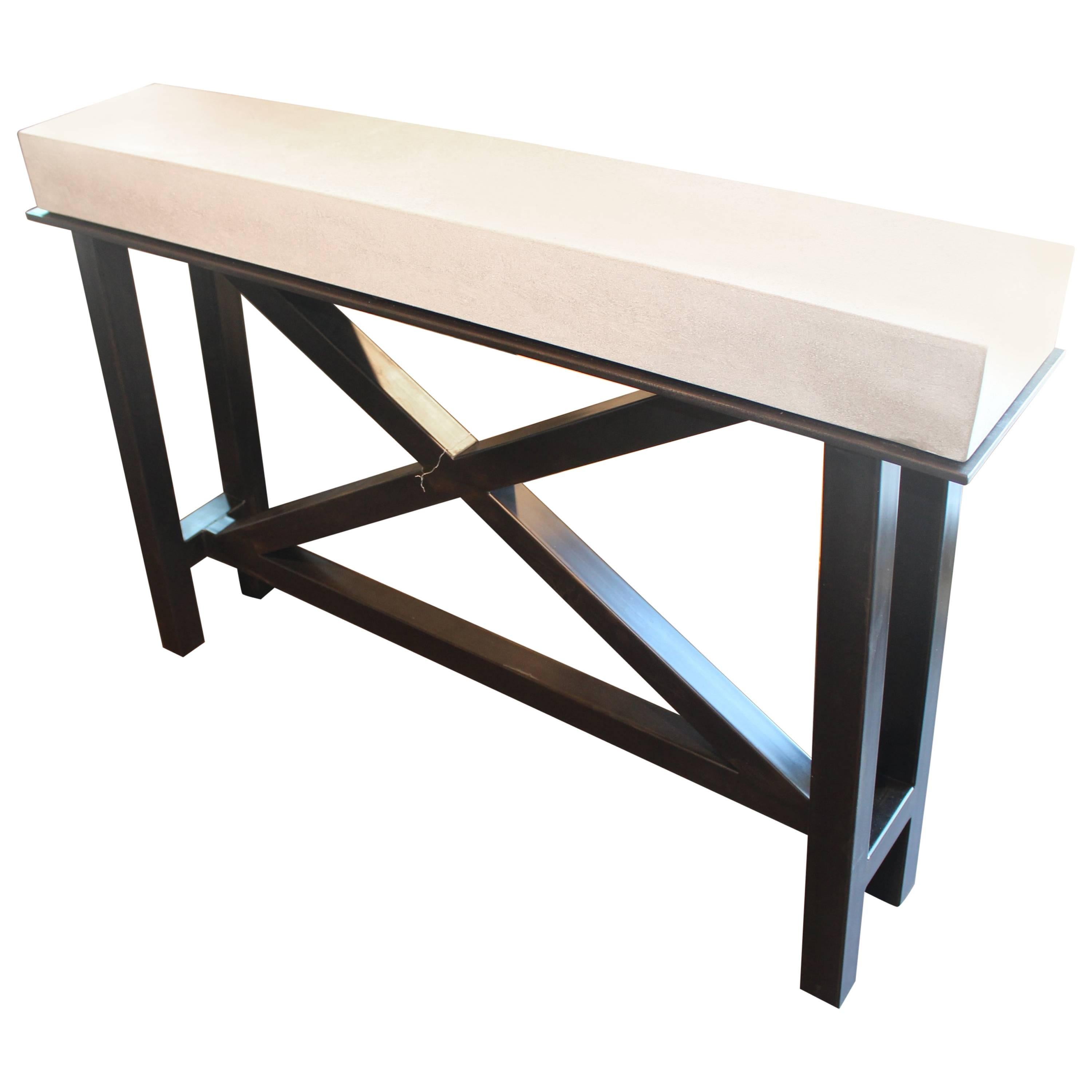 "X" Motif Steel Console with Limestone Top