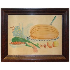 Antique Still Life Watercolor with Watermelon and Corn