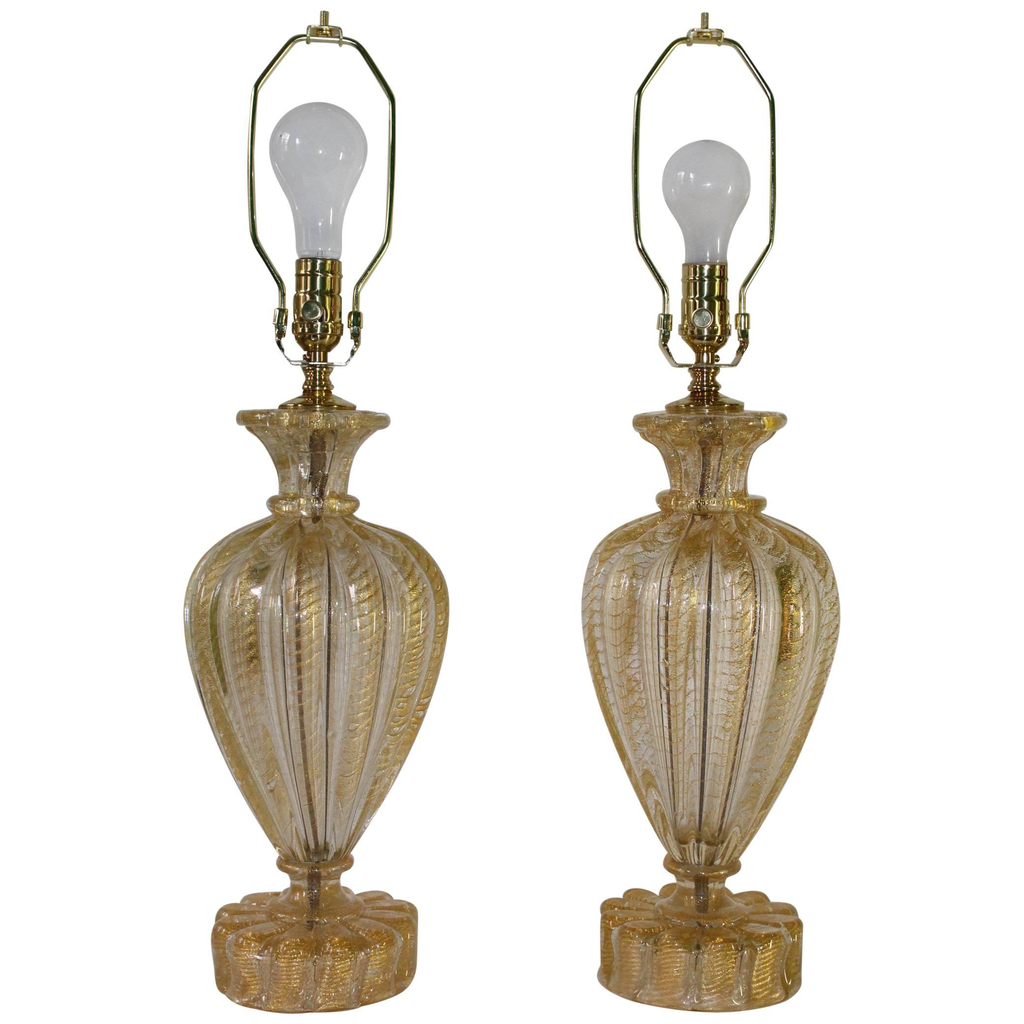 Mid-Century Murano Italian Glass Lamps with Gold Flakes