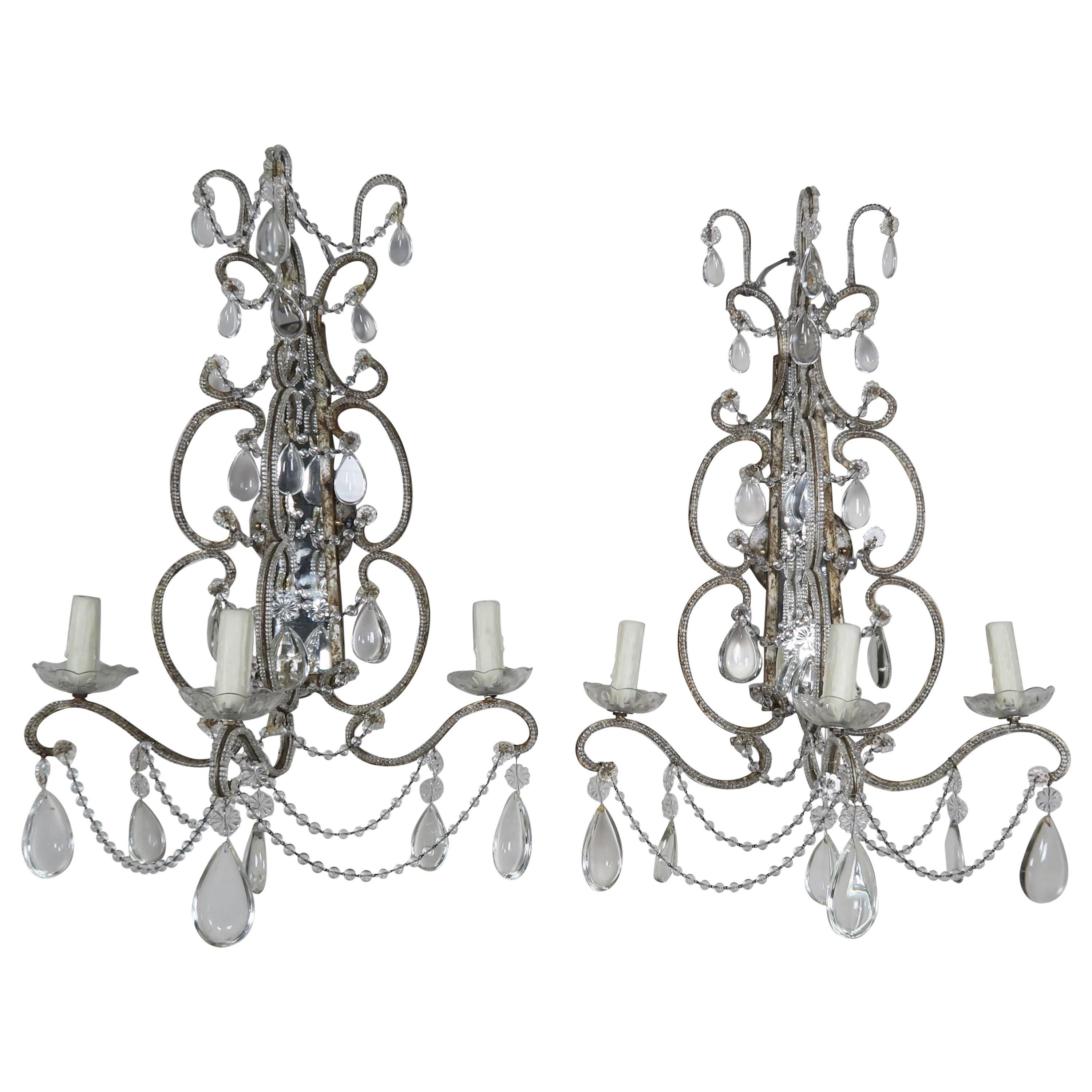 Three-Light Crystal Beaded and Mirror Sconces, Pair