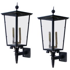 Pair of French Art Deco 1930s Iron & Tole Glazed Exterior Four-Light Lanterns